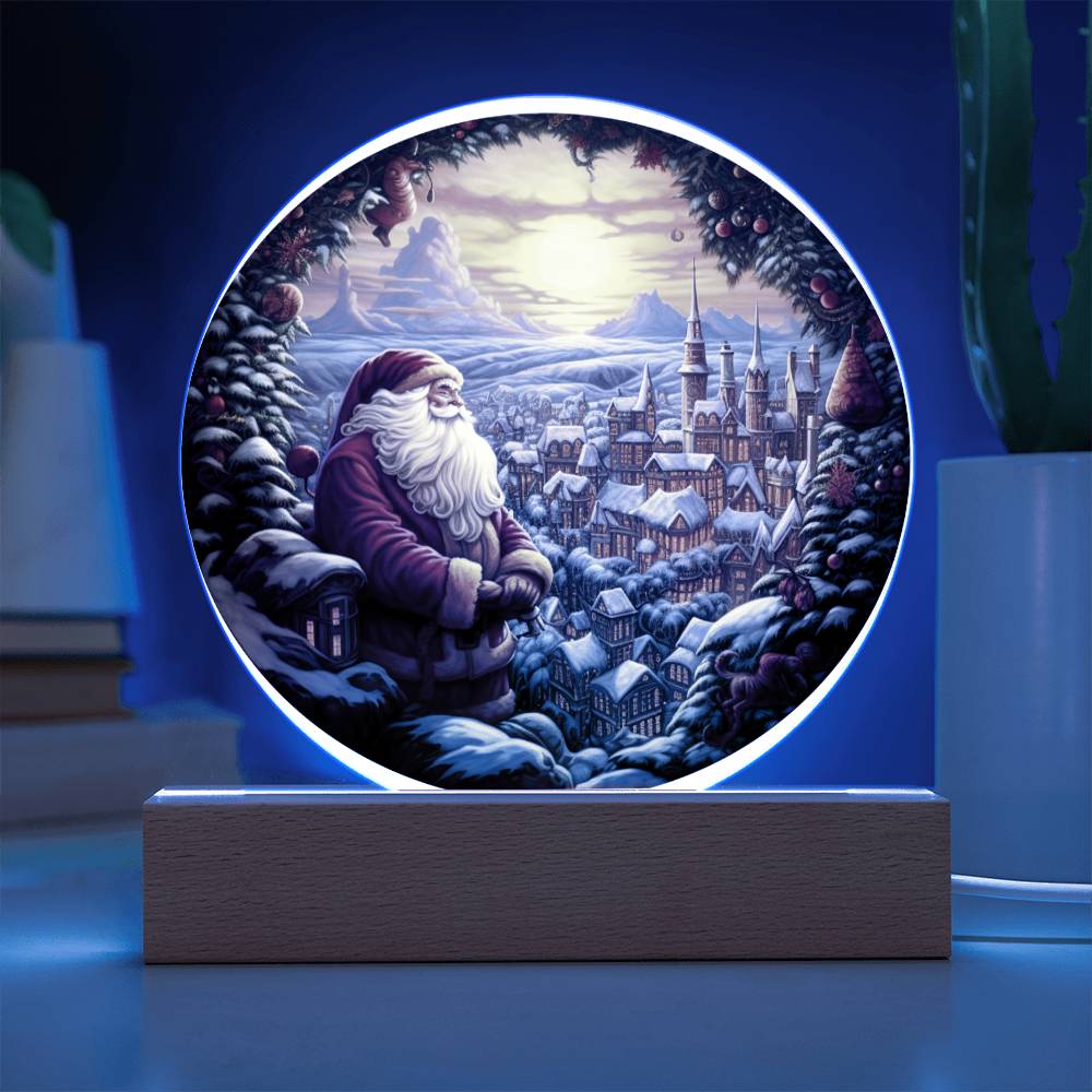 Christmas Santa and Town Acrylic Circle Plaque with Available LED Night Light