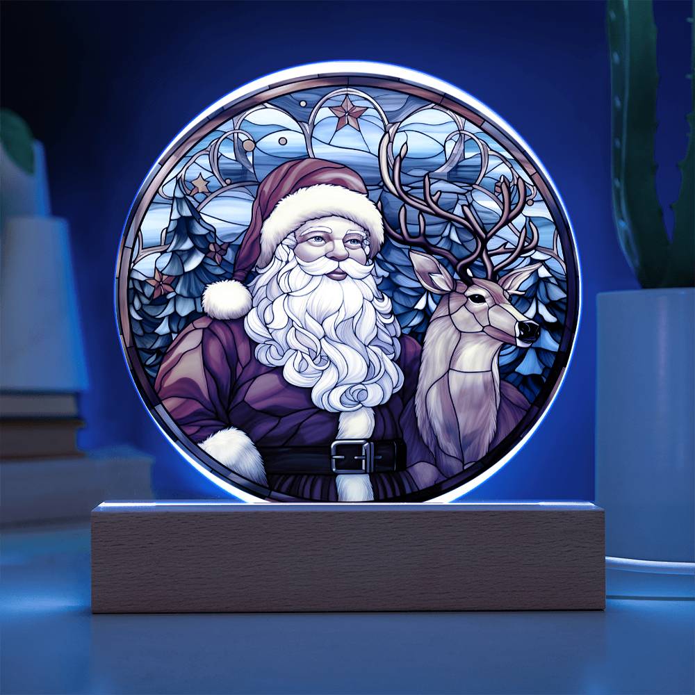 Santa with Reindeer- Acrylic Circle Plaque with Available LED Night Light