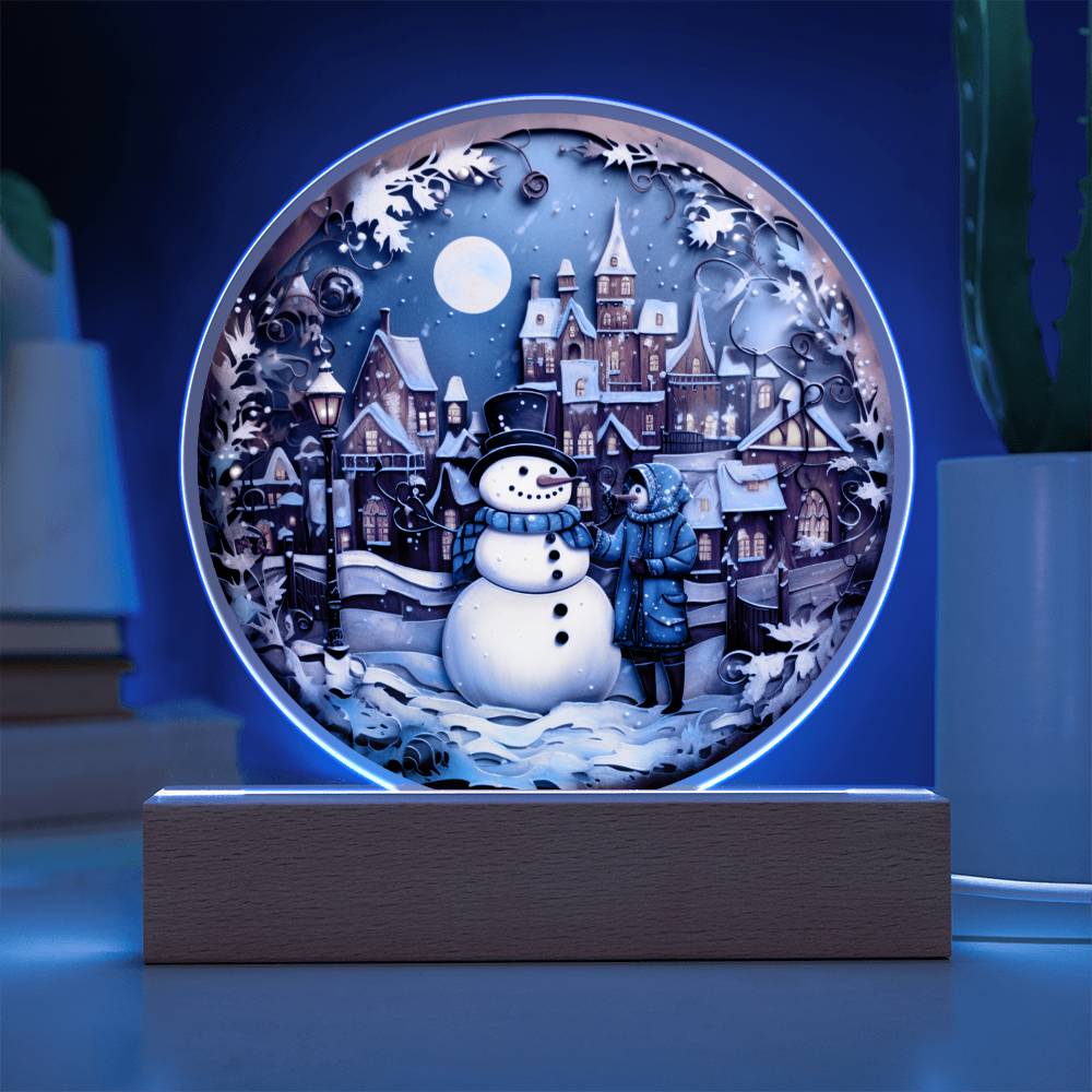 Christmas Snowman Gift - Acrylic Circle Plaque with Available LED Night Light - Snowman in Town