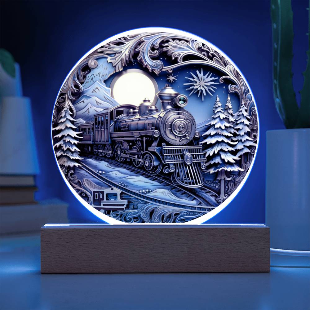 Christmas Fairy Tale Train- Acrylic Circle Plaque with Available LED Night Light