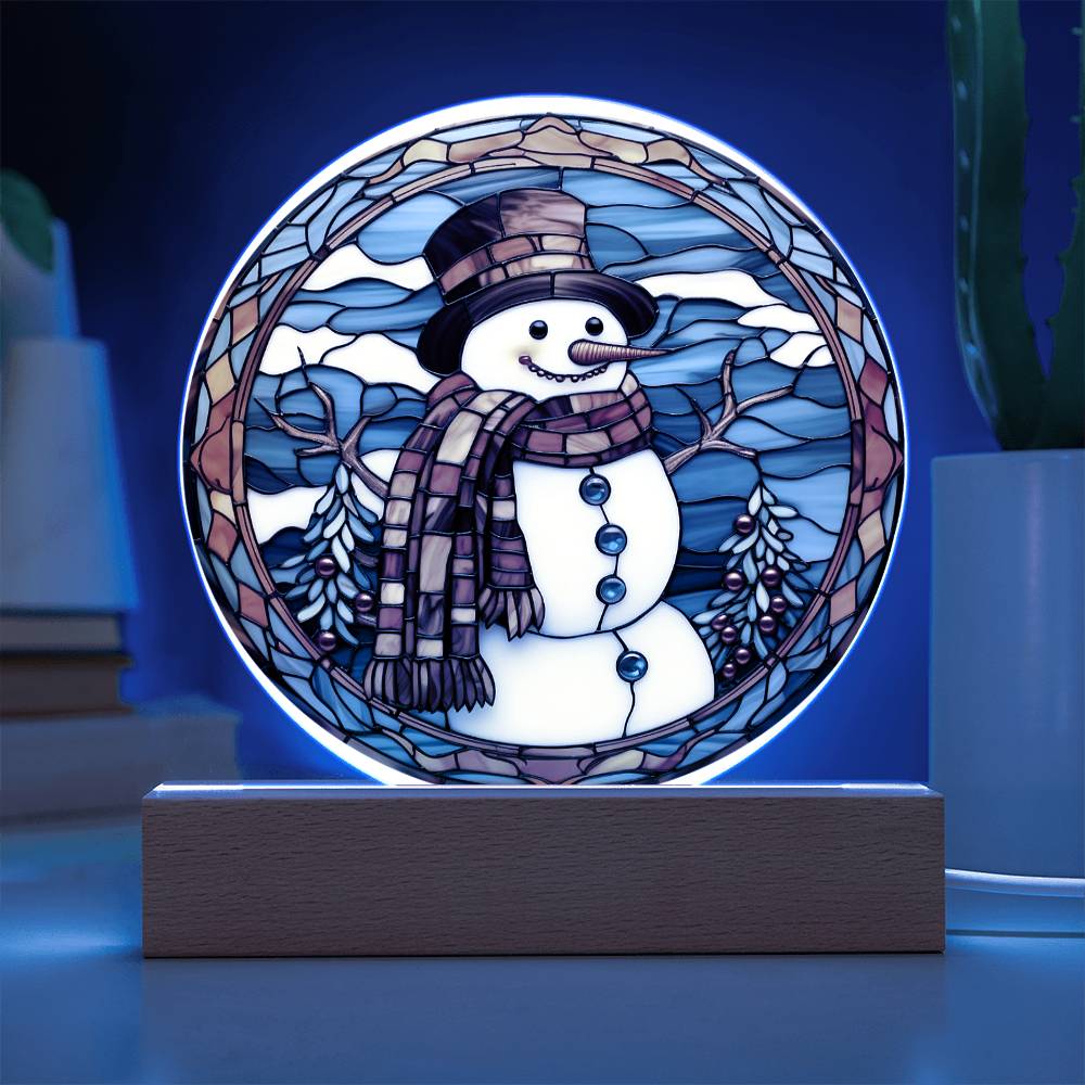 Stained Glass Snowman Acrylic Circle Plaque with Available LED Night Light