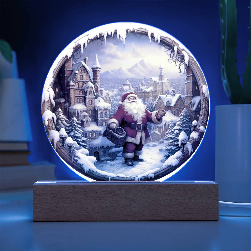 Christmas Santa Comes To Town Acrylic Circle Plaque with Available LED Night Light