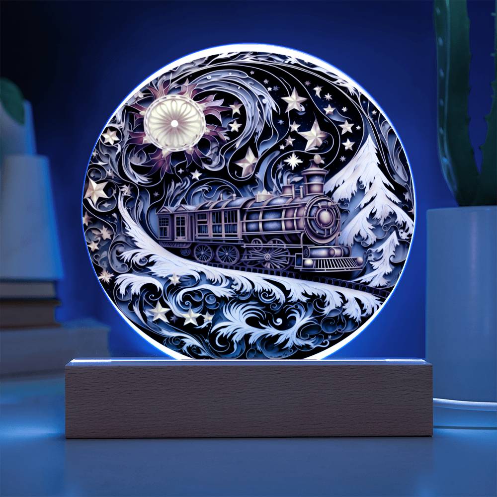 Christmas Gift - Acrylic Circle Plaque with Available LED Night Light - Wonderful Train Christmas