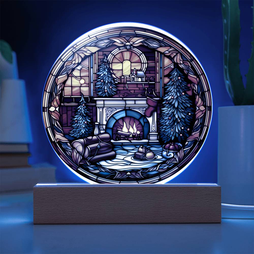 Christmas Fireplace- Acrylic CirclePlaque with Available LED Night Light