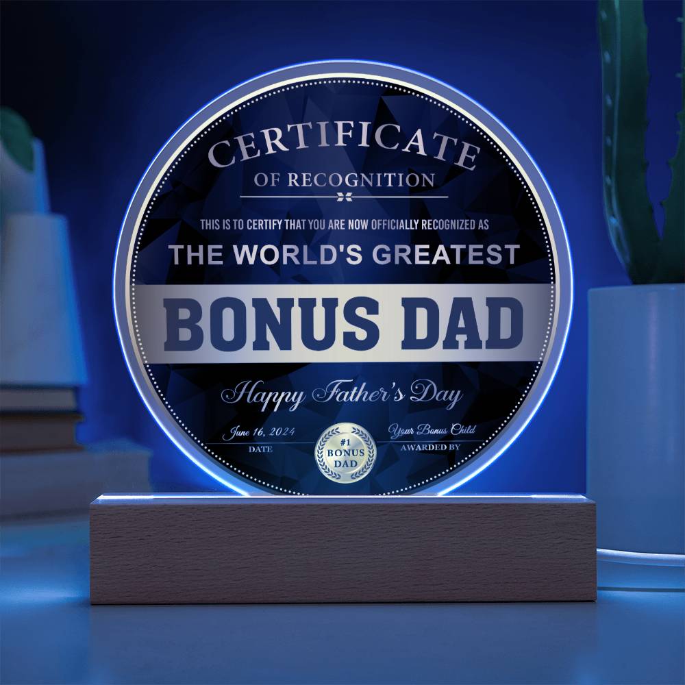 Bonus Dad Gift - Certificate Of Recognition - Round Acrylic Plaque