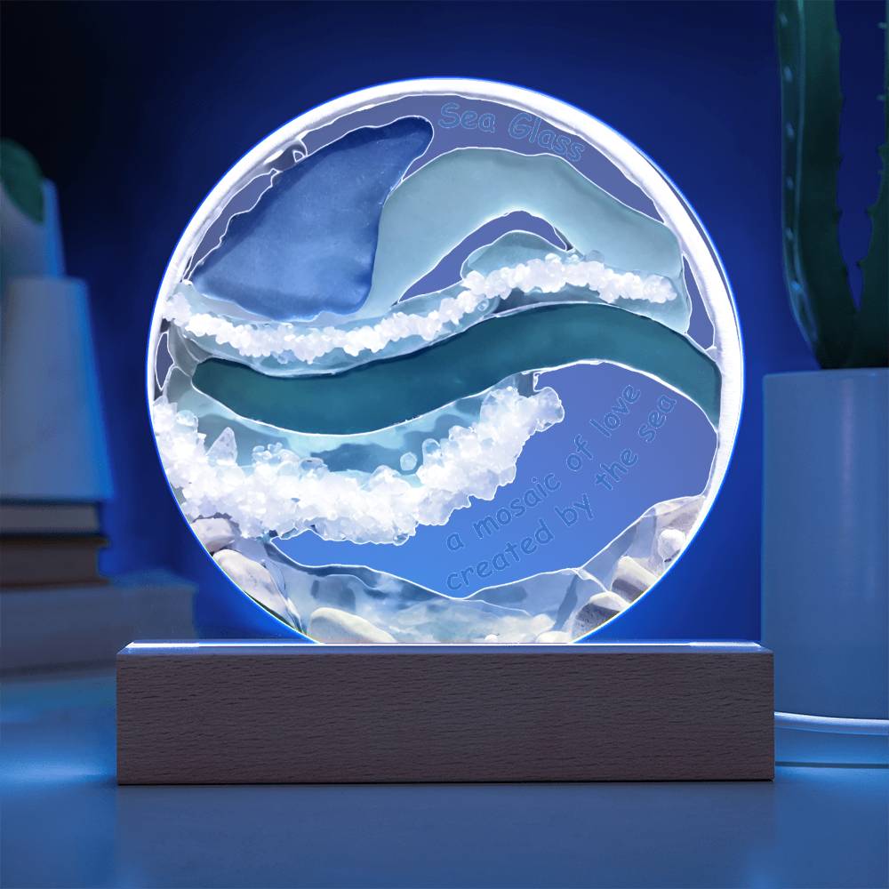 Sea Glass Mosaic Of Love Acrylic Circle Plaque Table Top Display with LED