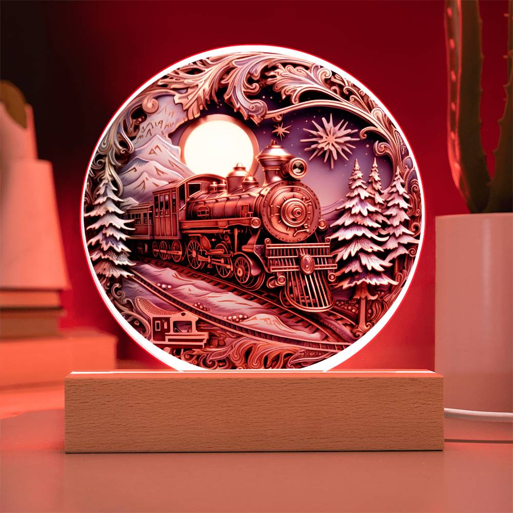 Christmas Fairy Tale Train- Acrylic Circle Plaque with Available LED Night Light