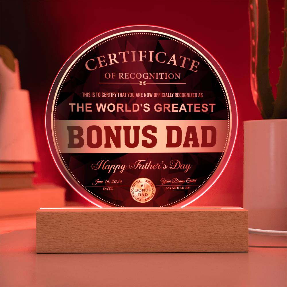 Bonus Dad Gift - Certificate Of Recognition - Round Acrylic Plaque