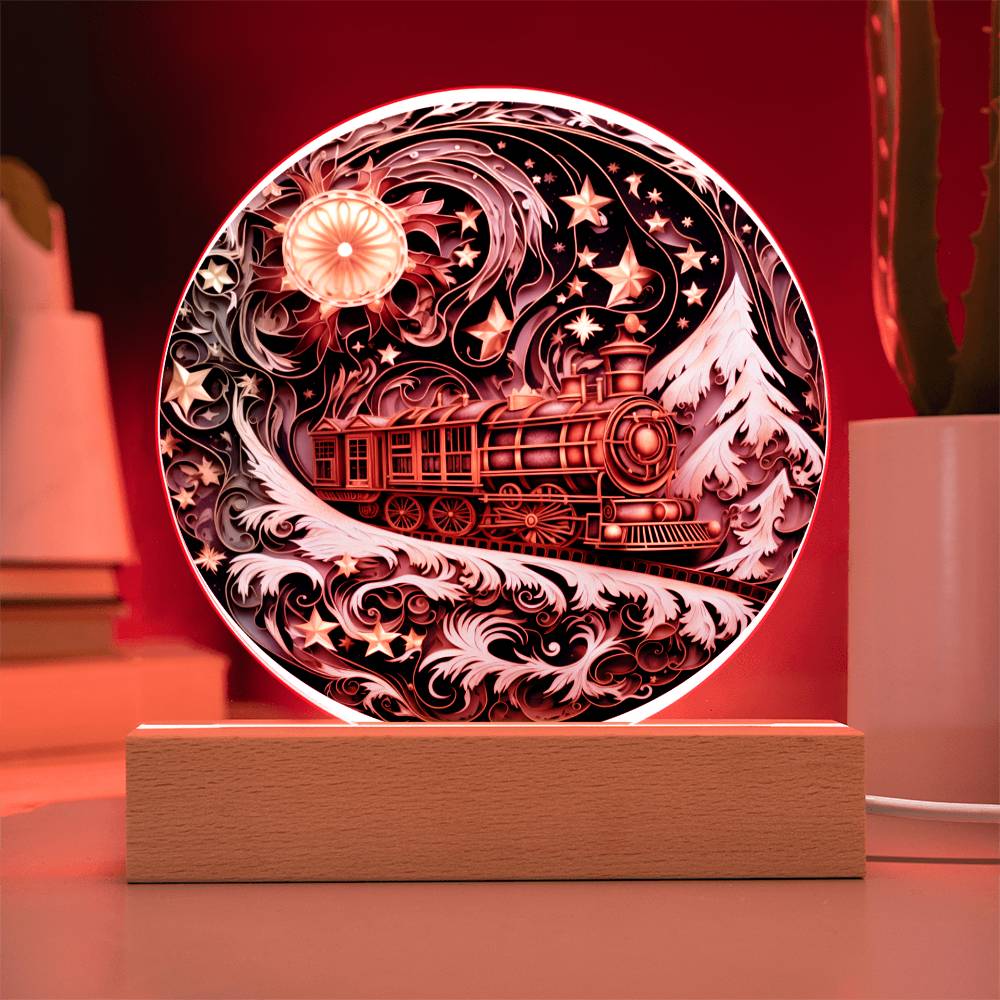 Christmas Gift - Acrylic Circle Plaque with Available LED Night Light - Wonderful Train Christmas