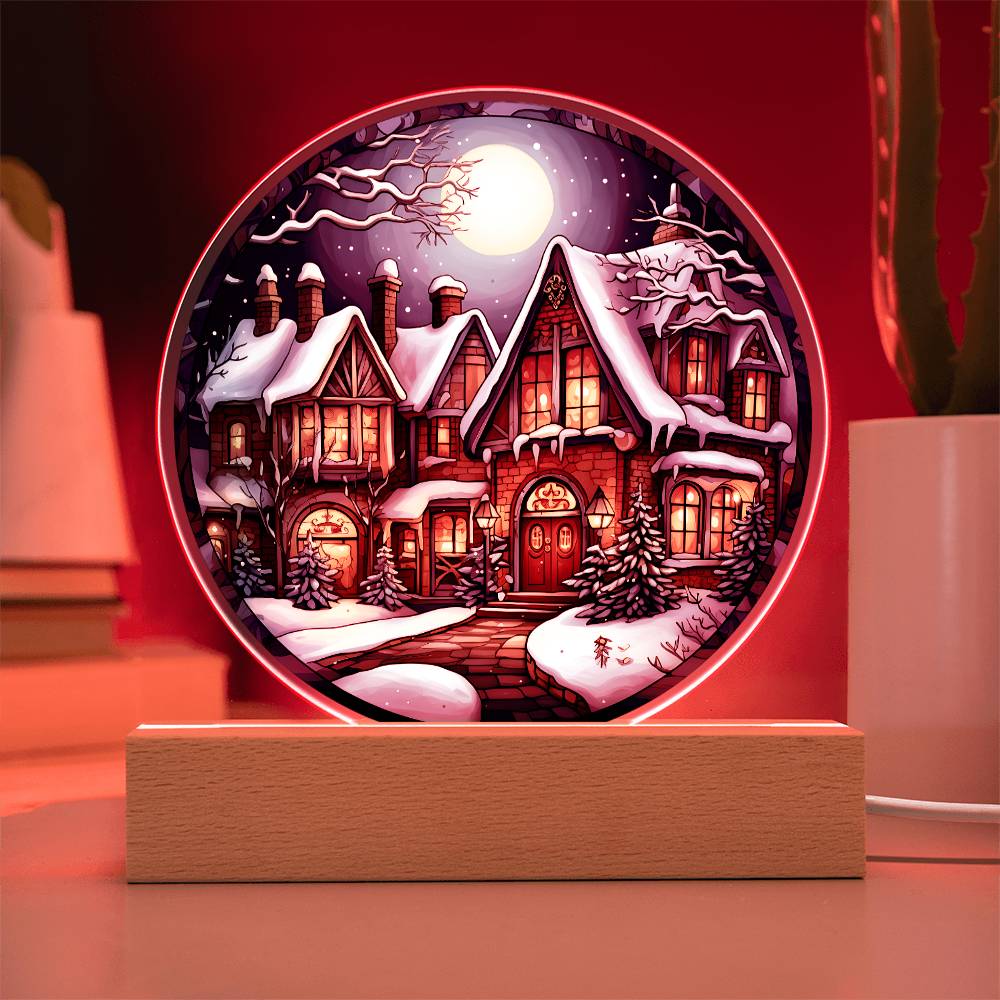 Snow Covered House Acrylic Circle Plaque with LED Home Decor Gift