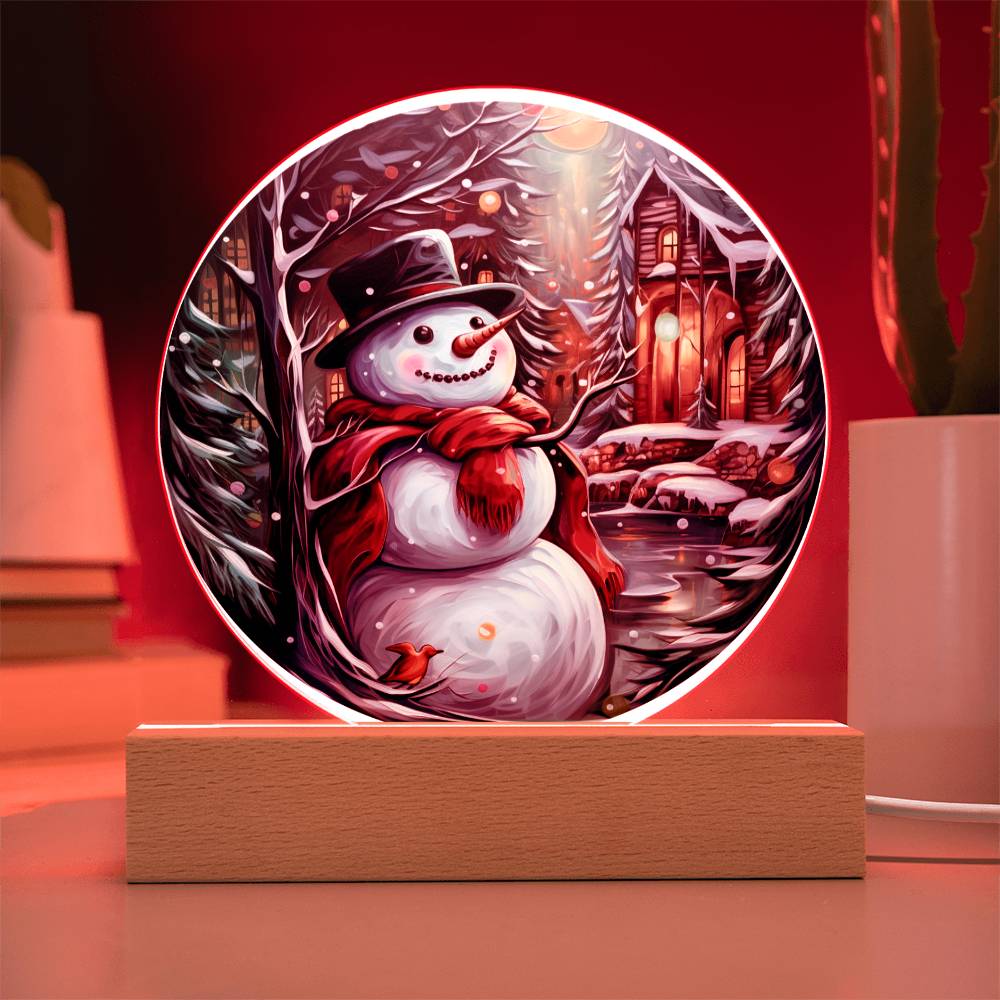 Snowman Acrylic Circle Plaque with Available LED Night Light