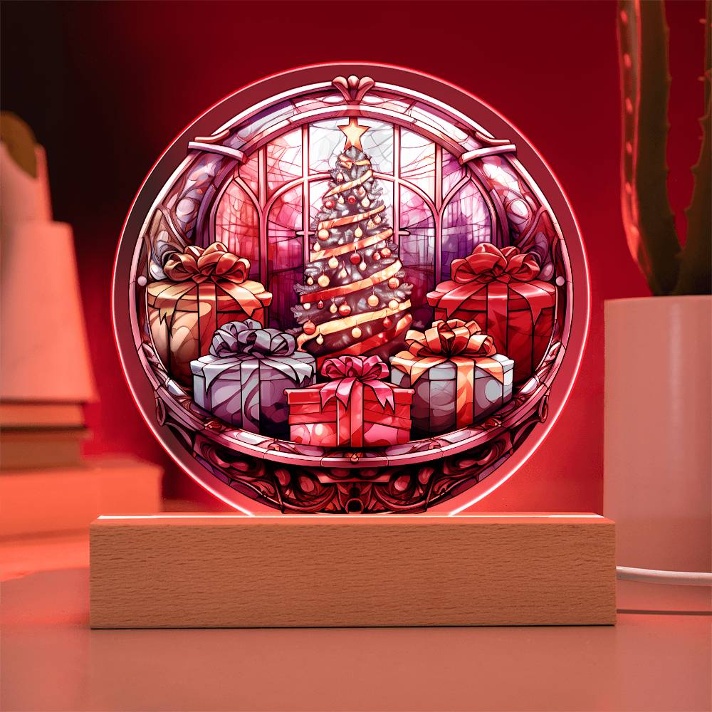 Christmas Tree and Gift Acrylic Circle Plaque with LED