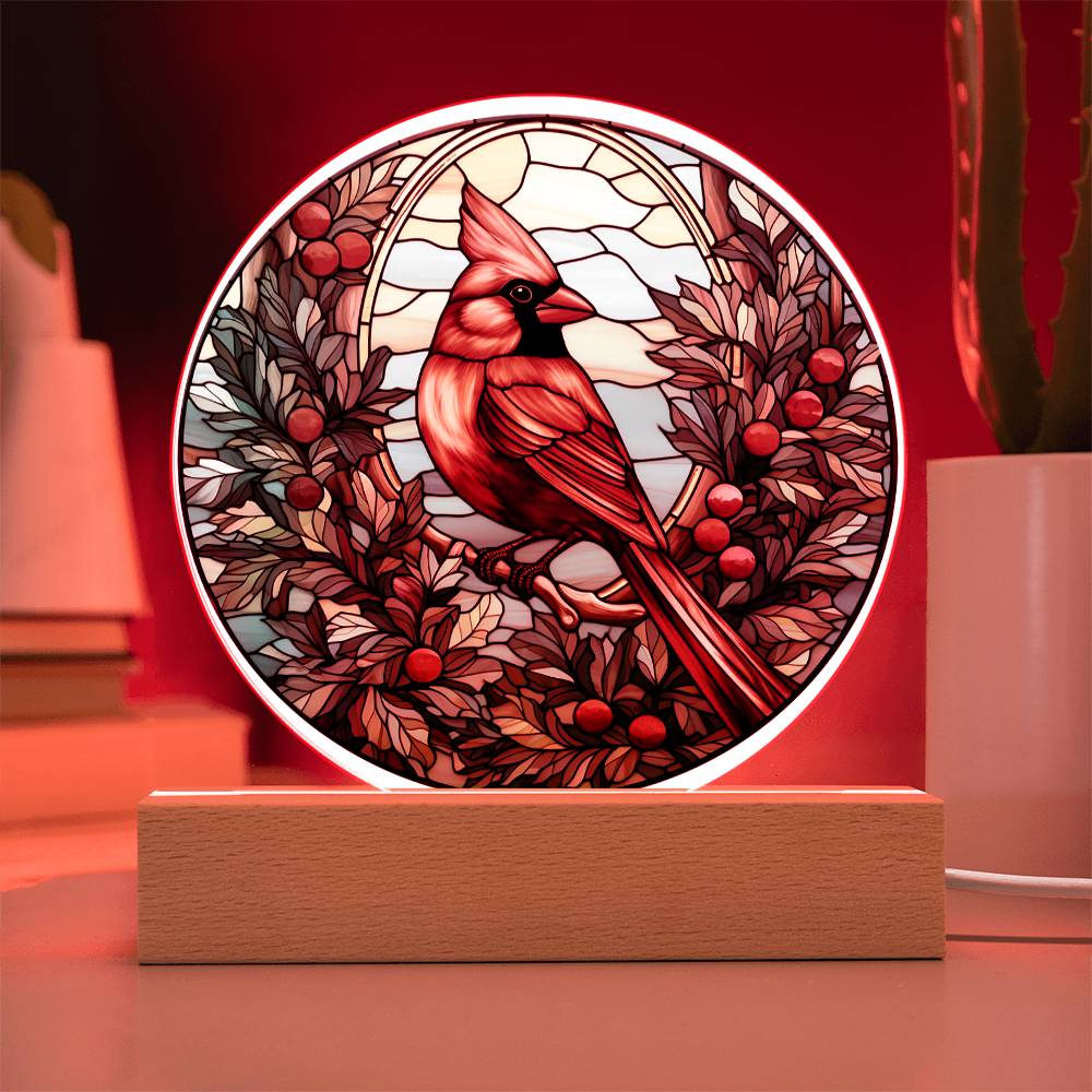 Christmas Cardinal - Acrylic Circle Plaque with Available LED Night Light