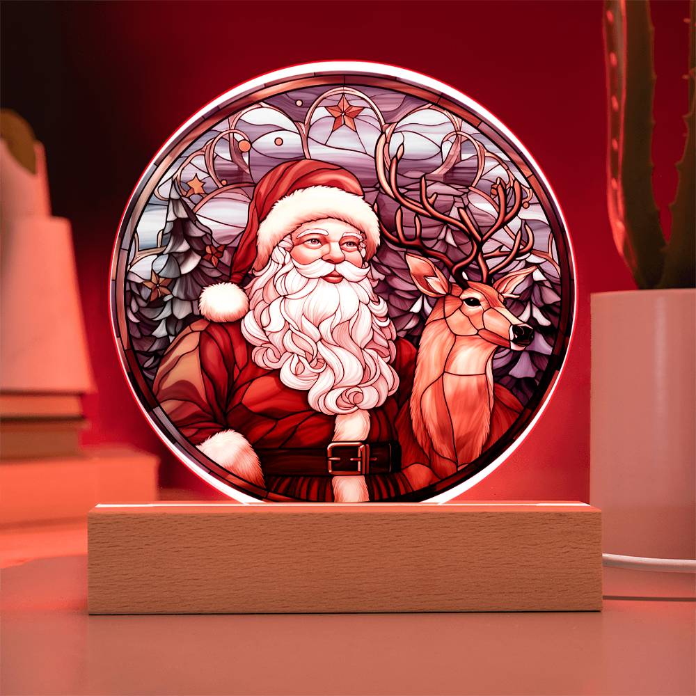 Santa with Reindeer- Acrylic Circle Plaque with Available LED Night Light