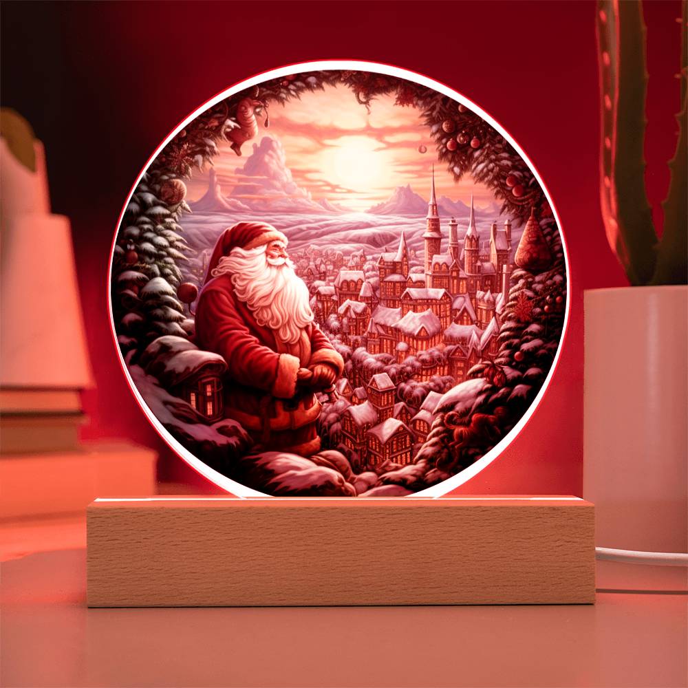 Christmas Santa and Town Acrylic Circle Plaque with Available LED Night Light