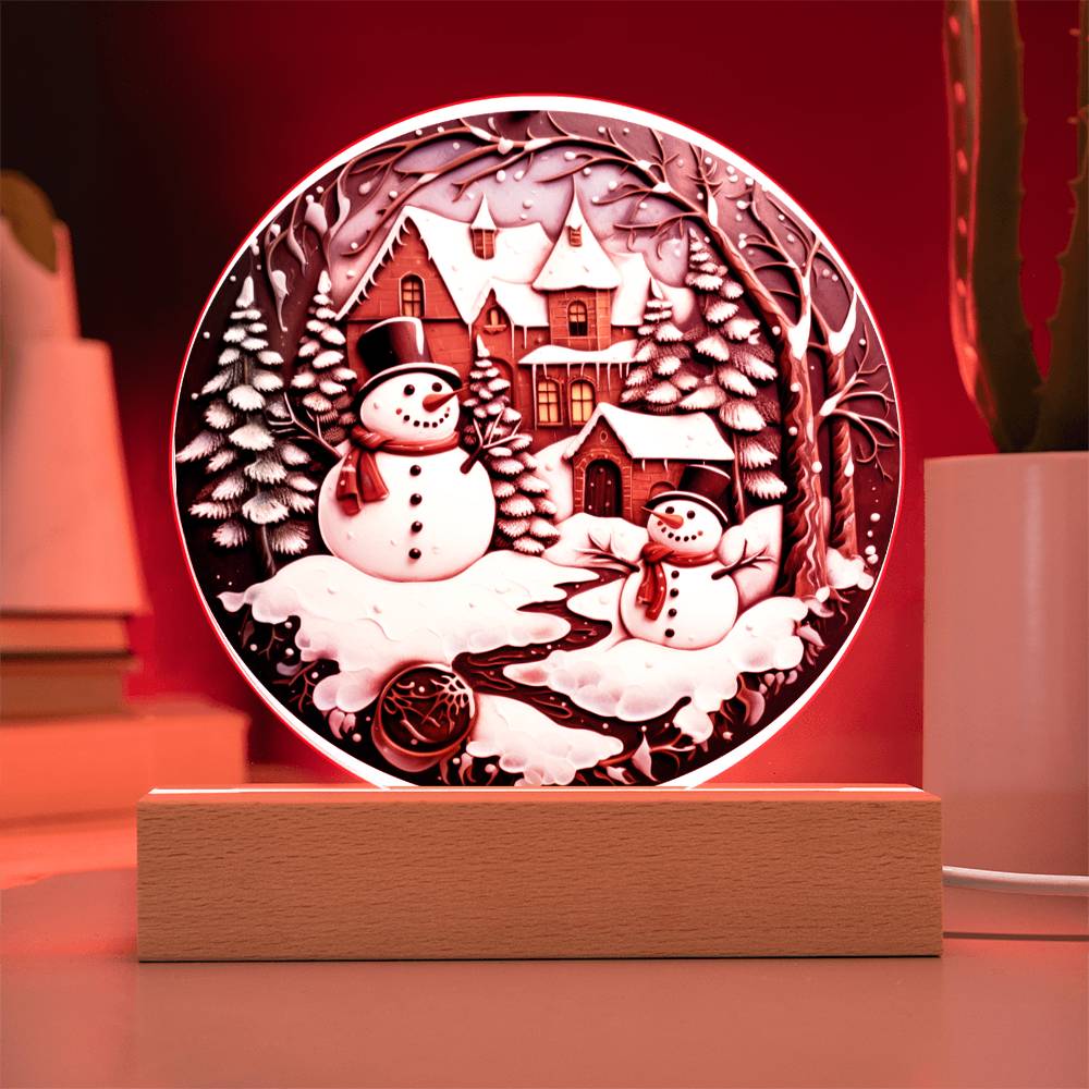 Twin Snowmen Acrylic Circle Plaque with Available LED Night Light