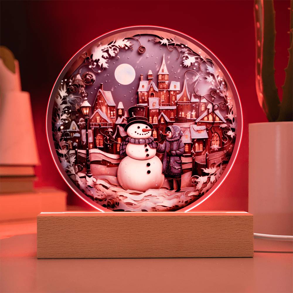 Christmas Snowman Gift - Acrylic Circle Plaque with Available LED Night Light - Snowman in Town