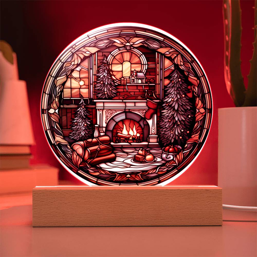 Christmas Fireplace- Acrylic CirclePlaque with Available LED Night Light