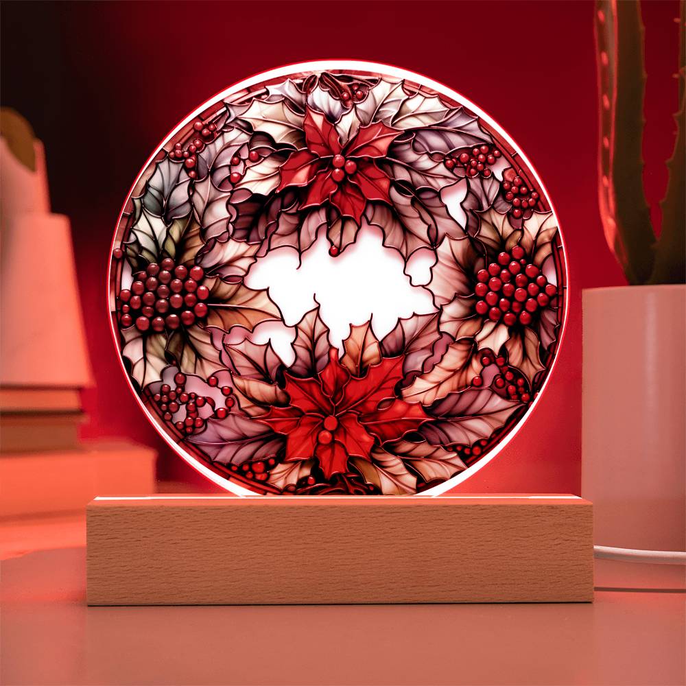 Christmas Wreath - Acrylic Circle Plaque with Available LED Night Light