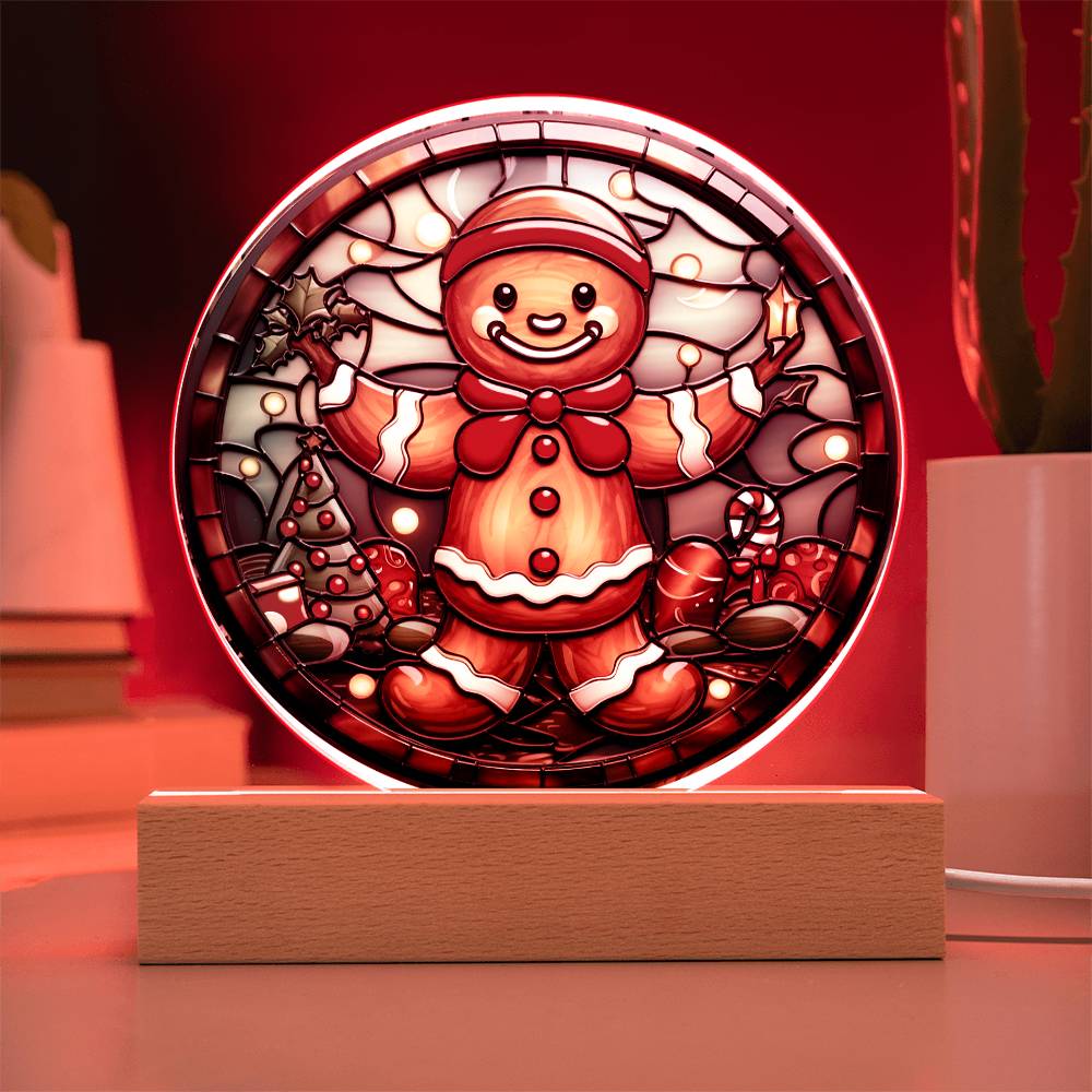 Christmas Gingerbread Man - Acrylic Circle Plaque with Available LED Night Light