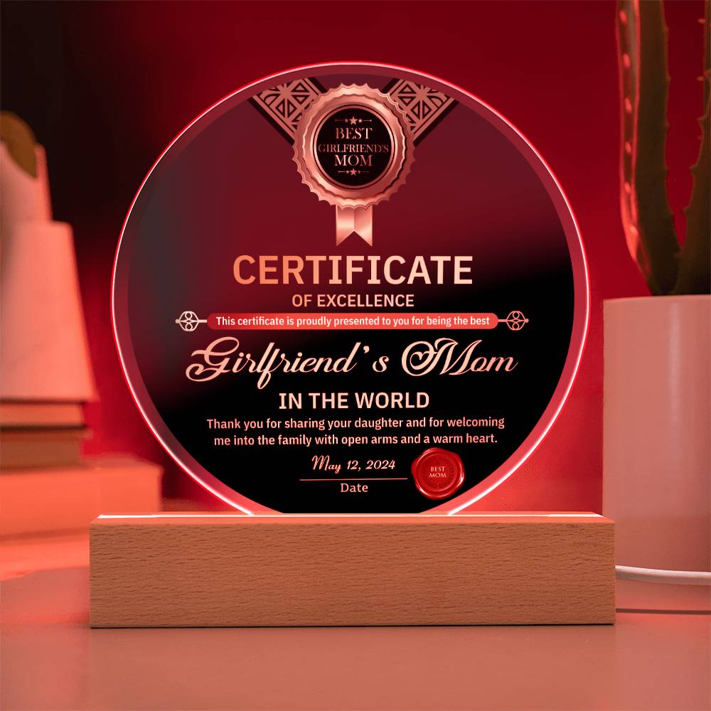 Girlfriend's Mom Circle Acrylic Plaque Table Lamp - Certificate Of Excellence