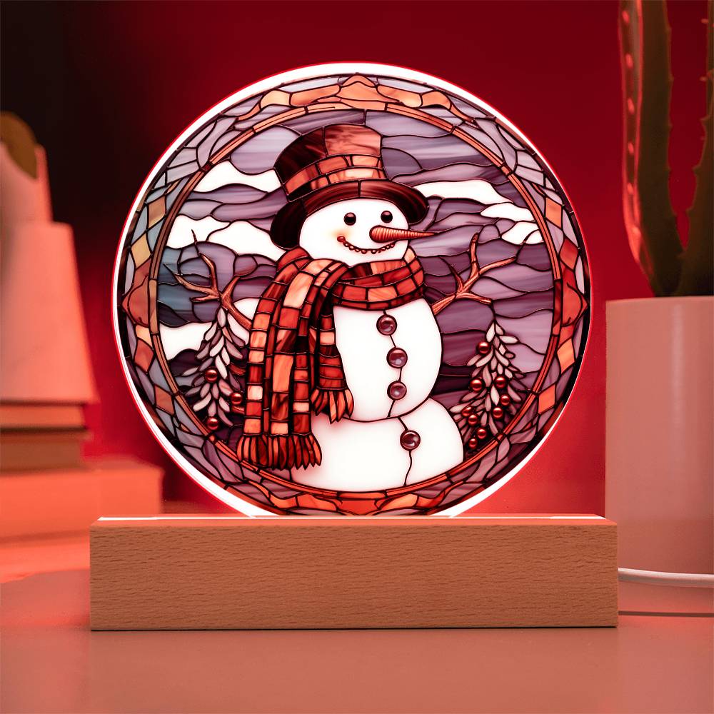 Stained Glass Snowman Acrylic Circle Plaque with Available LED Night Light