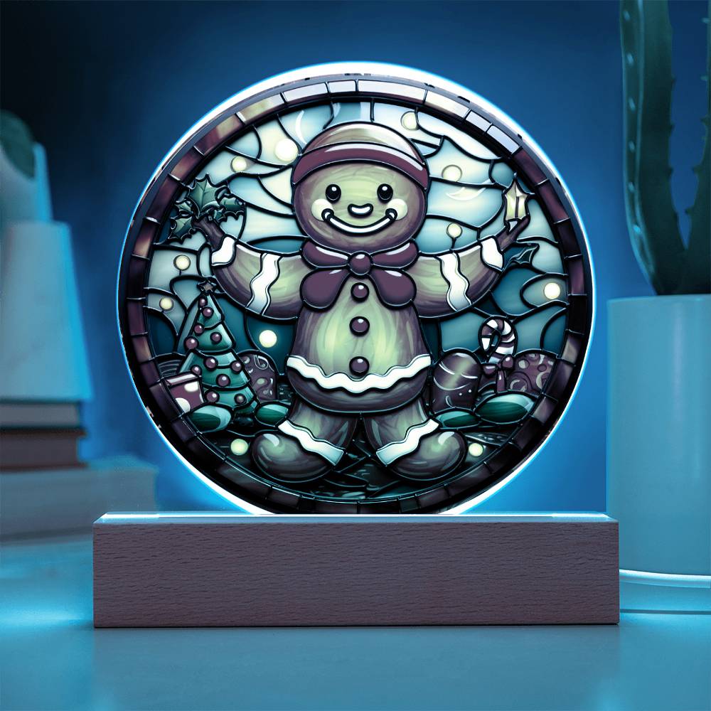 Christmas Gingerbread Man - Acrylic Circle Plaque with Available LED Night Light