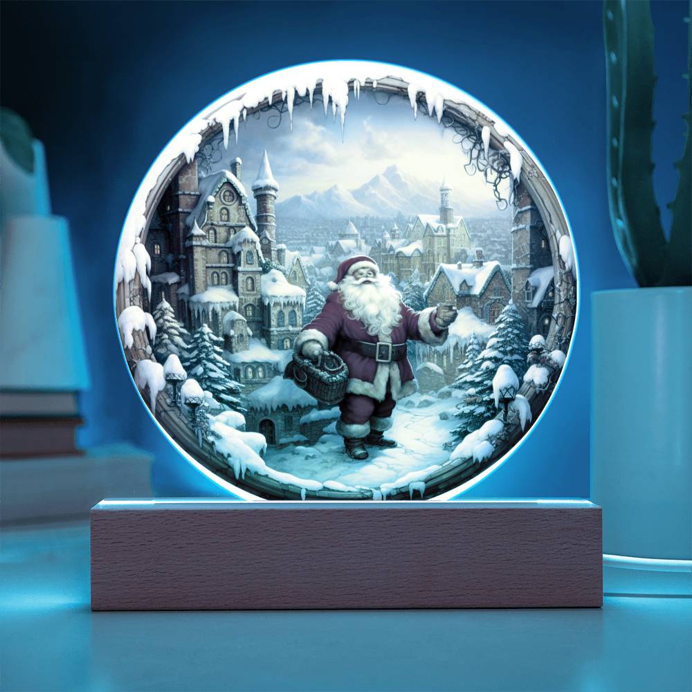 Christmas Santa Comes To Town Acrylic Circle Plaque with Available LED Night Light