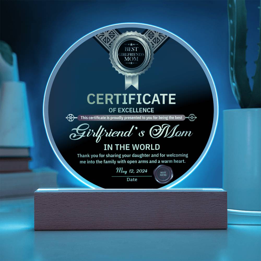 Girlfriend's Mom Circle Acrylic Plaque Table Lamp - Certificate Of Excellence