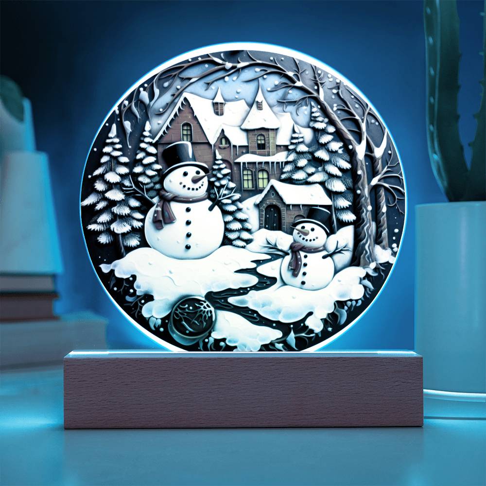 Twin Snowmen Acrylic Circle Plaque with Available LED Night Light