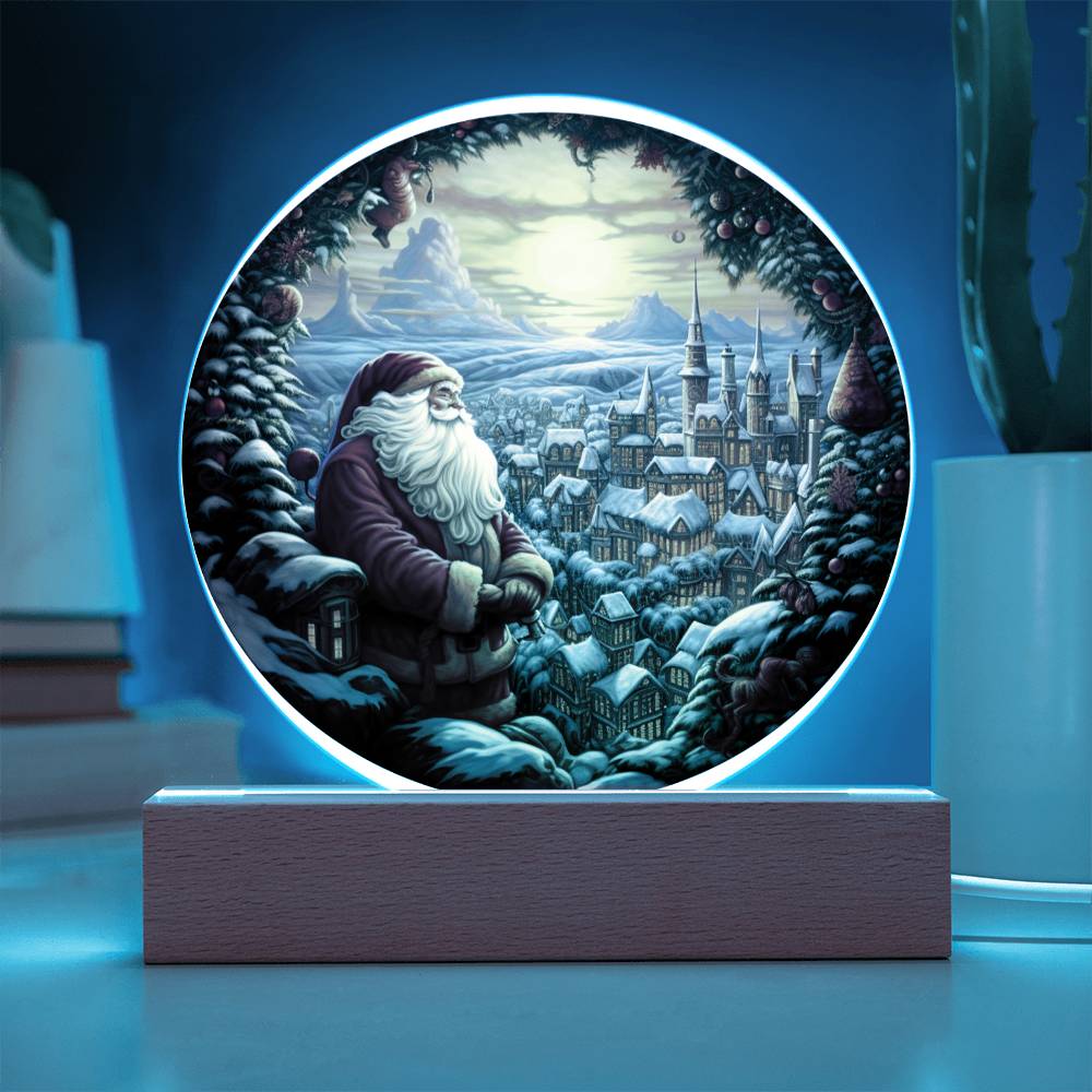 Christmas Santa and Town Acrylic Circle Plaque with Available LED Night Light