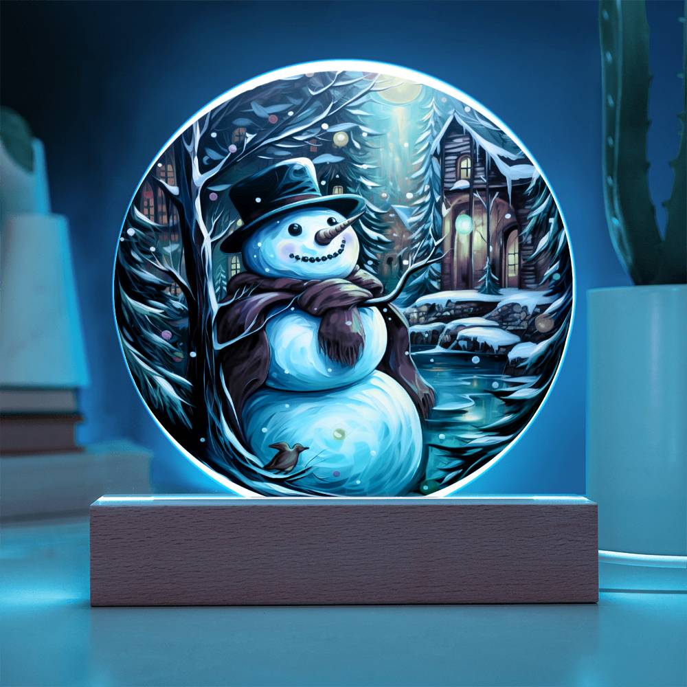 Snowman Acrylic Circle Plaque with Available LED Night Light