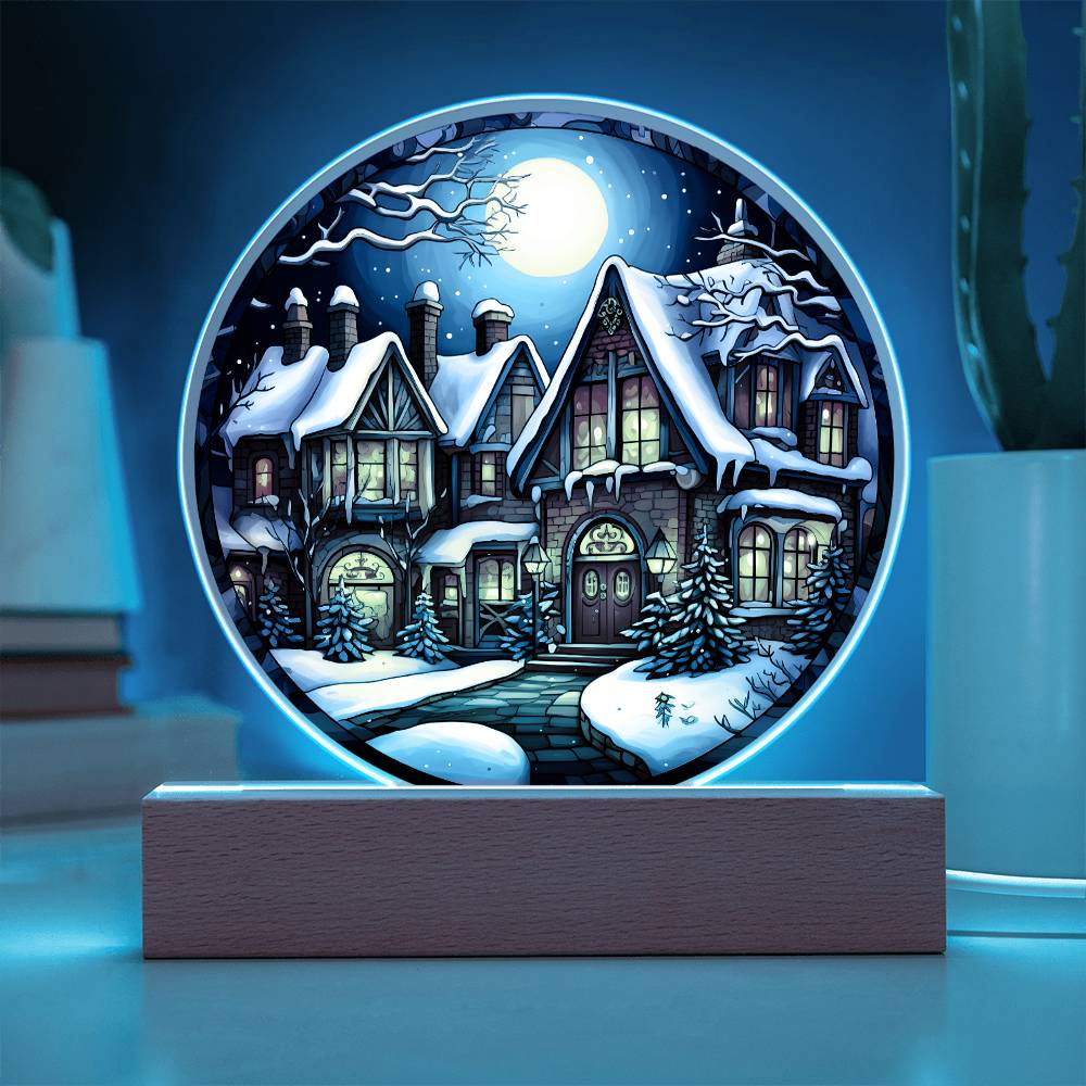 Snow Covered House Acrylic Circle Plaque with LED Home Decor Gift