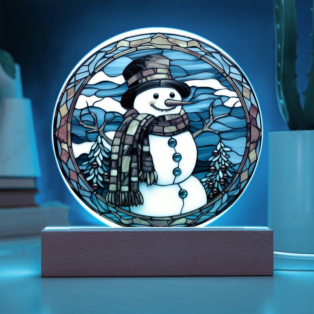 Stained Glass Snowman Acrylic Circle Plaque with Available LED Night Light