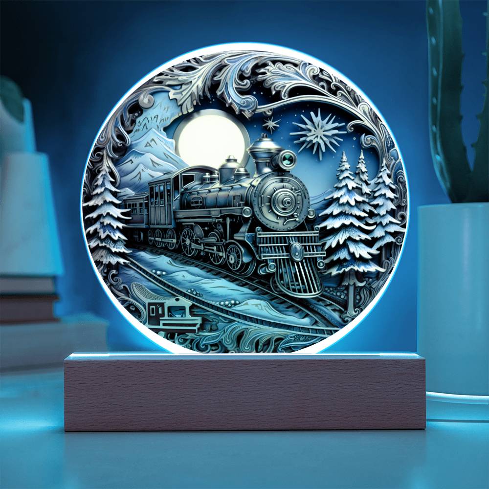 Christmas Fairy Tale Train- Acrylic Circle Plaque with Available LED Night Light