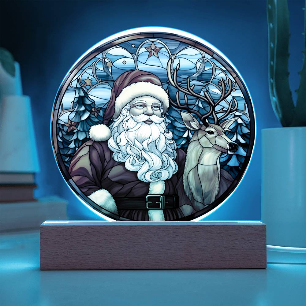 Santa with Reindeer- Acrylic Circle Plaque with Available LED Night Light