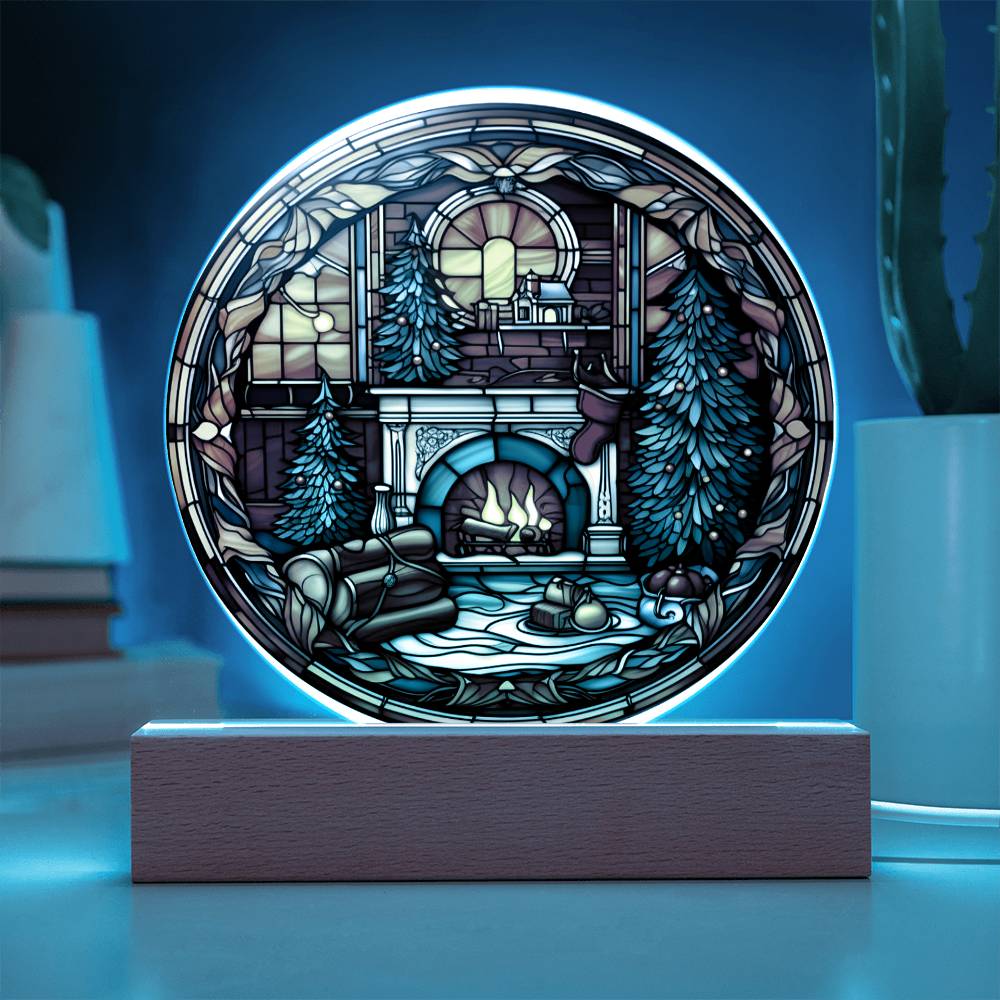 Christmas Fireplace- Acrylic CirclePlaque with Available LED Night Light