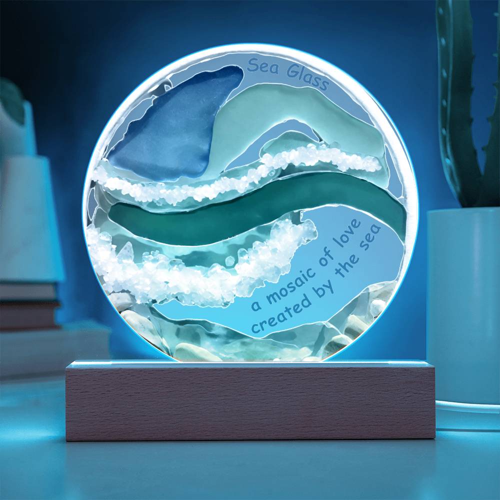 Sea Glass Mosaic Of Love Acrylic Circle Plaque Table Top Display with LED