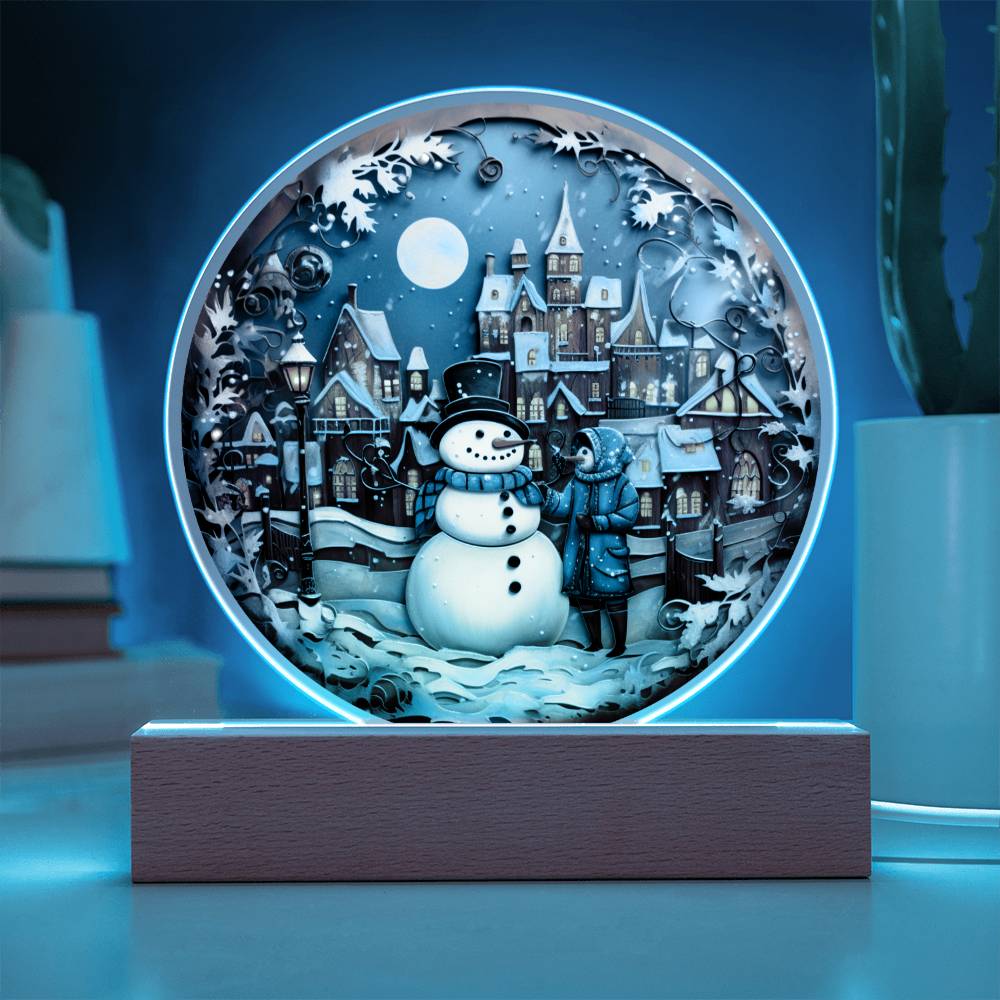 Christmas Snowman Gift - Acrylic Circle Plaque with Available LED Night Light - Snowman in Town