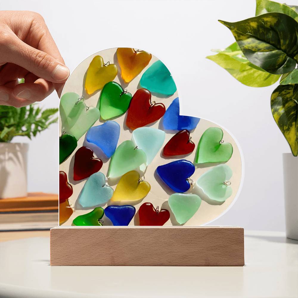 Sea Glass Heart Shaped Acrylic Plaque Table Top Display