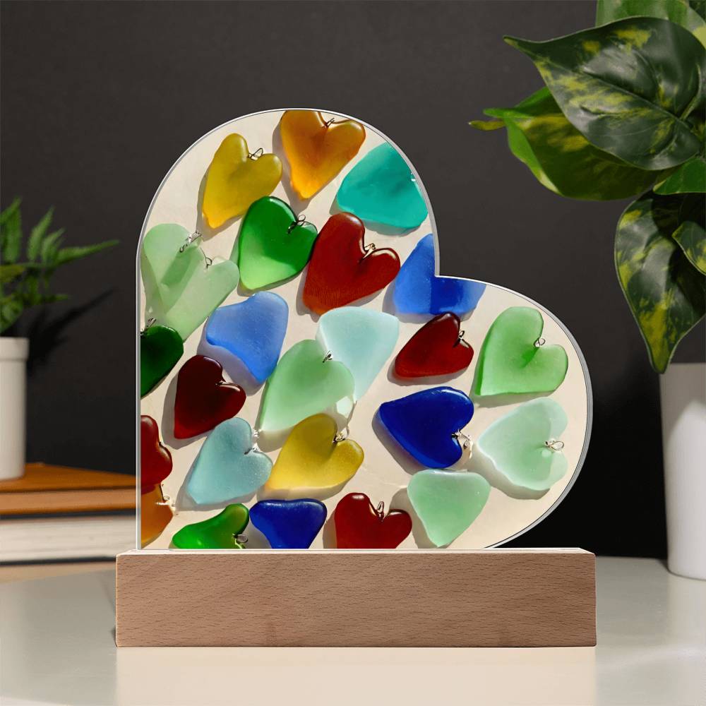 Sea Glass Heart Shaped Acrylic Plaque Table Top Display