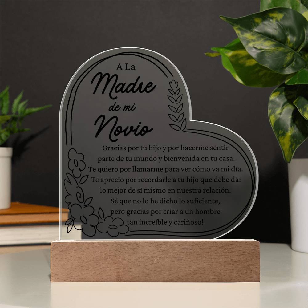 Gift For Boyfriends Mother in Spanish - LED Acrylic Heart Shaped Plaque Table Top Display