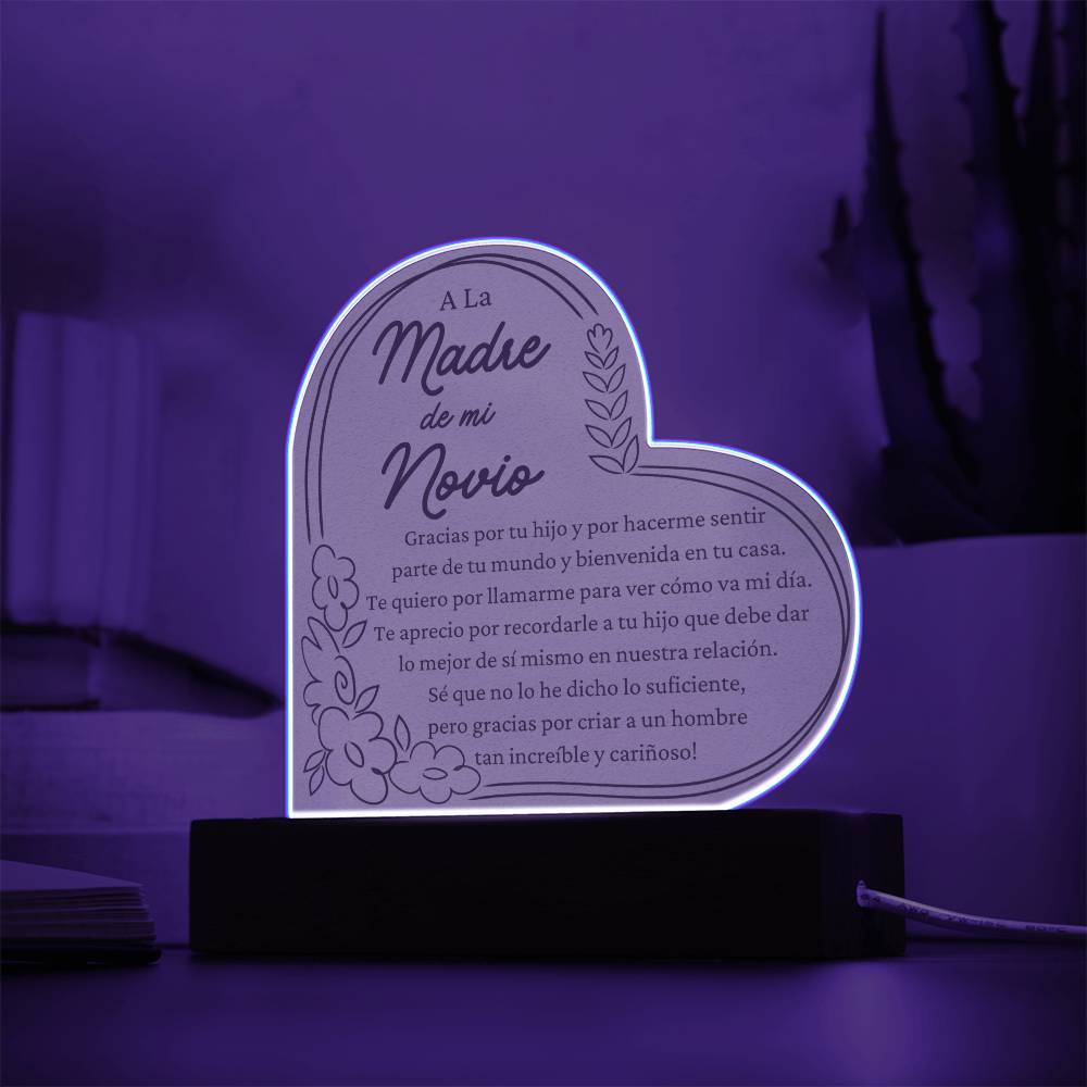 Gift For Boyfriends Mother in Spanish - LED Acrylic Heart Shaped Plaque Table Top Display