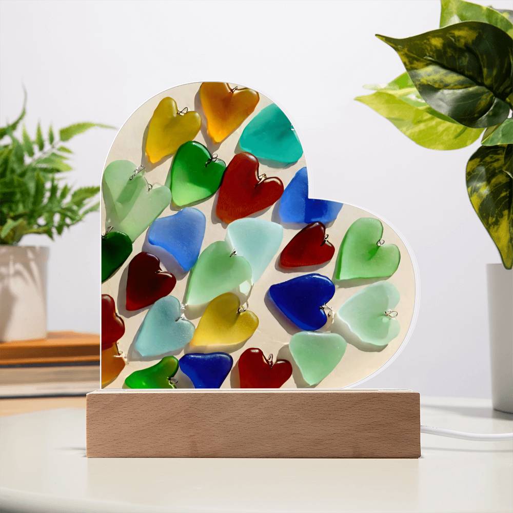 Sea Glass Heart Shaped Acrylic Plaque Table Top Display