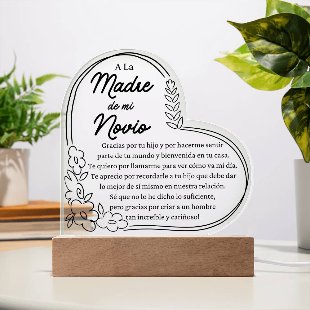 Gift For Boyfriends Mother in Spanish - LED Acrylic Heart Shaped Plaque Table Top Display