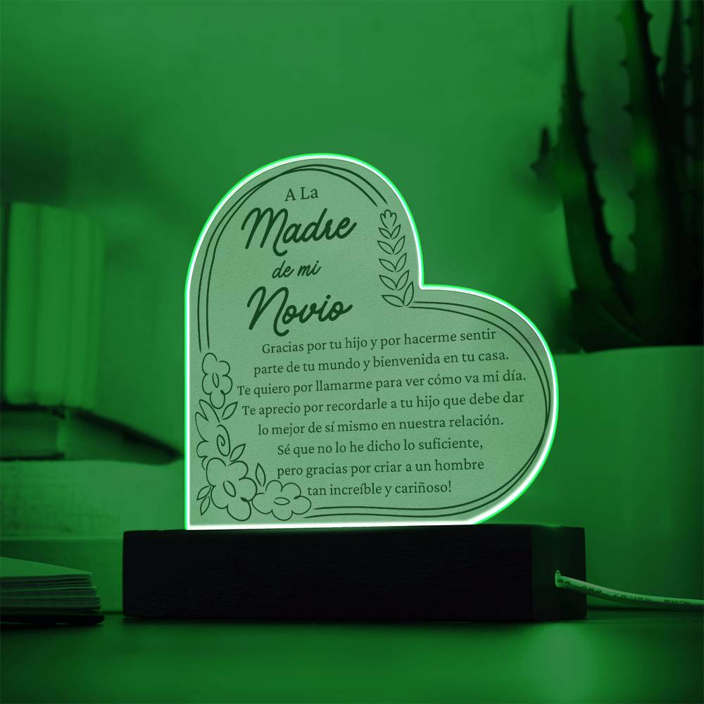 Gift For Boyfriends Mother in Spanish - LED Acrylic Heart Shaped Plaque Table Top Display