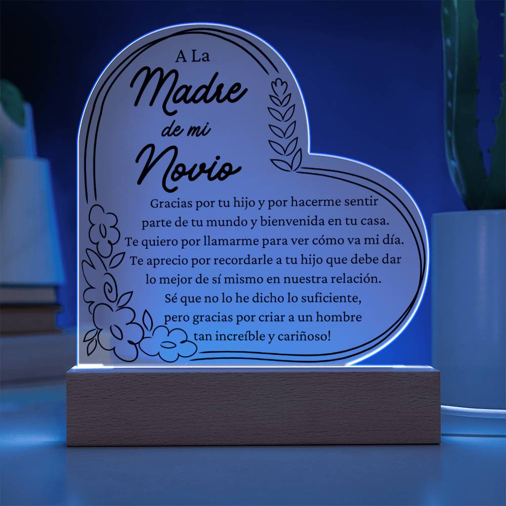 Gift For Boyfriends Mother in Spanish - LED Acrylic Heart Shaped Plaque Table Top Display