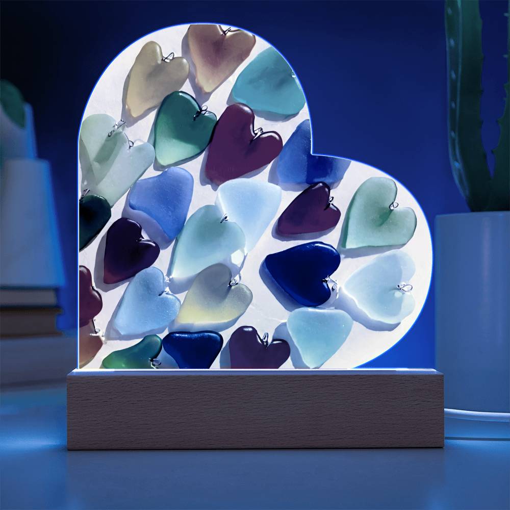 Sea Glass Heart Shaped Acrylic Plaque Table Top Display