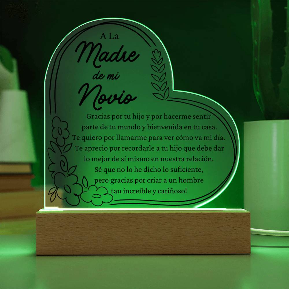 Gift For Boyfriends Mother in Spanish - LED Acrylic Heart Shaped Plaque Table Top Display