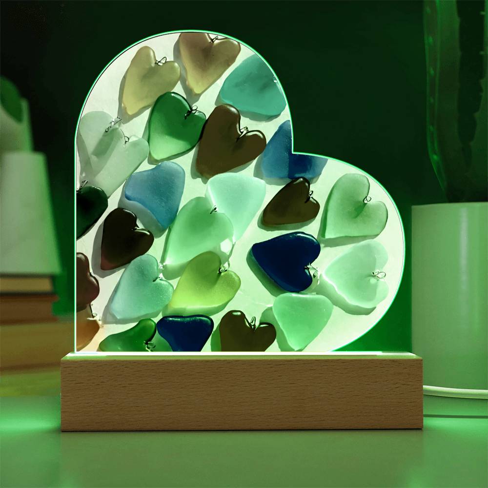 Sea Glass Heart Shaped Acrylic Plaque Table Top Display